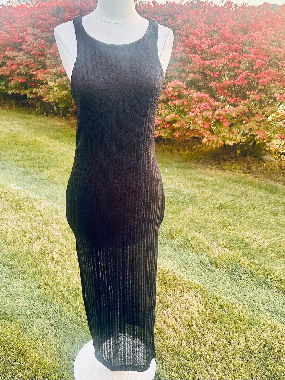 Beciga Black Sheer Open Knit Ribbed Bodycon Tank Maxi Dress Sz L